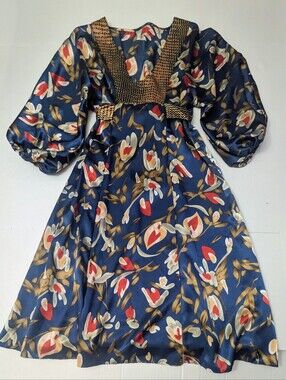 M. Kalan Floral Print Satin Mini Dress Balloon Long Sleeve V Neck SIZE S NWOT